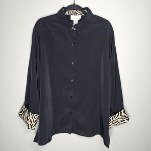 Susan‎ Graver Womens XL Button Up Top Black Soft Blouse Flip Cuff Cheetah Print